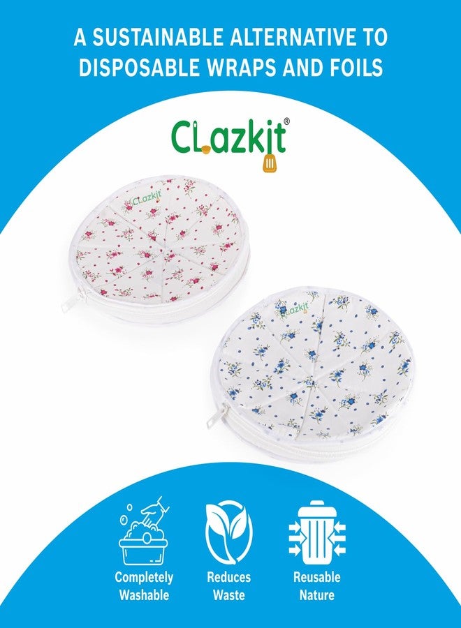 Clazkit غطاء خبز الروتي والشاباتي من كلازكيت، مصنوع من القطن، مزود بسحاب، بتصميم دائري، منديل مطبخ تقليدي، يحافظ على نضارة الروتي والشاباتي (قطعتان)، أبيض ووردي - Image 3